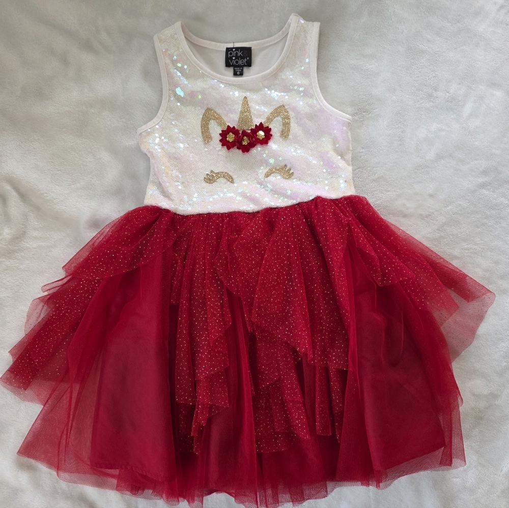 Pink & Violet Size 6 Unicorn Sequin Dress - Red & White With Flowers